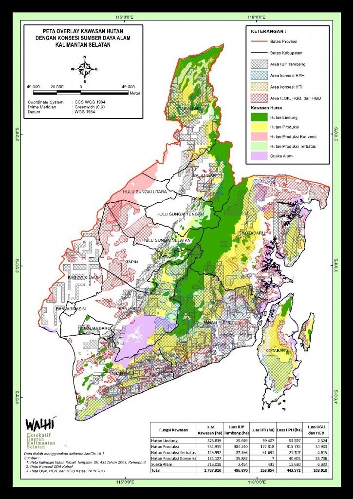 Researchers and civil society organisations have documented many examples of conflicting land zoning or permits. This example, from the Indonesian Forum for the Environment (Walhi), demonstrates the chaotic overlap of mining, logging, and industrial plantation forest concessions in South Kalimantan. Image by Walhi South Kalimantan.