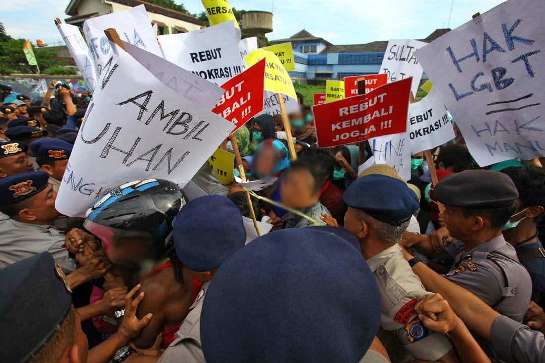 Police clash with protesters at an anti-LGBT demonstration in Yogyakarta in February. According to a 2013 Pew Research Centre survey, 93 per cent of Indonesians reject homosexuality. Photo by Andreas Fitri Atmoko for Antara.